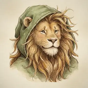 Illustration of a lion wearing a green hood